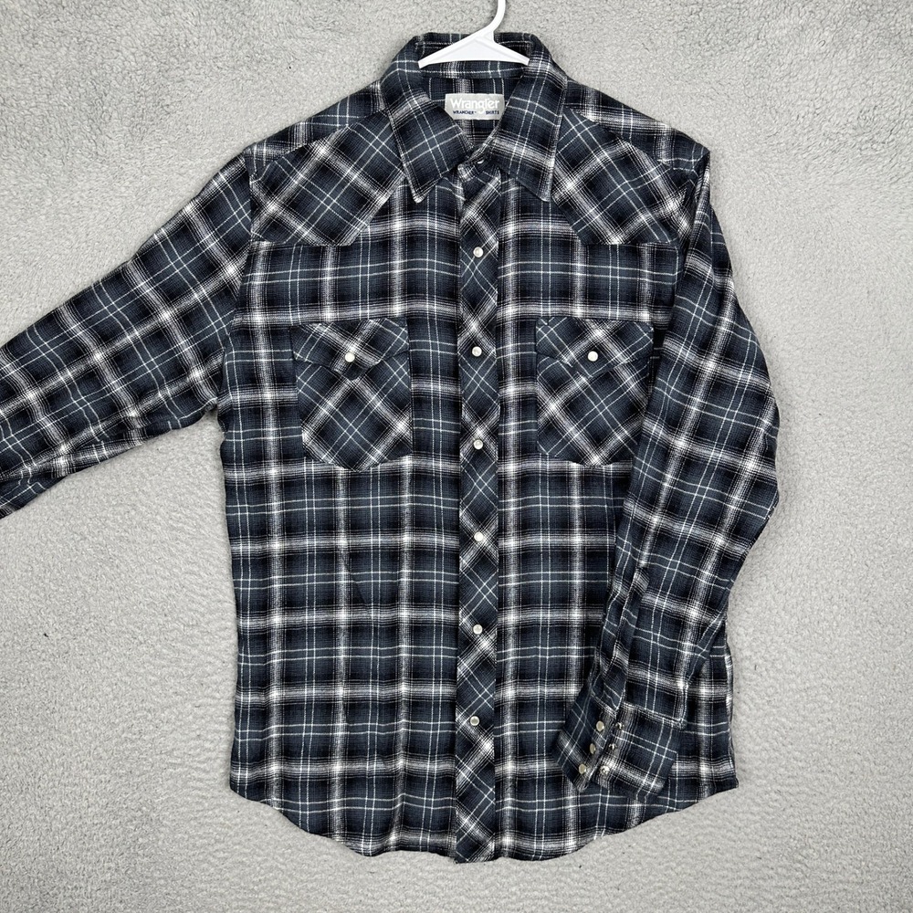 Wrangler Wrancher Shirt Mens Medium Flannel Black Plaid Pearl Snap Button Up EUC